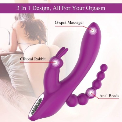 3-in-1 Rabbit Δονητής – Επαναφορτιζόμενος G-Spot, Κλειτοριδική & Πρωκτική Διέγερση (7 Λειτουργίες) Χρώμα (ροζ )￼￼